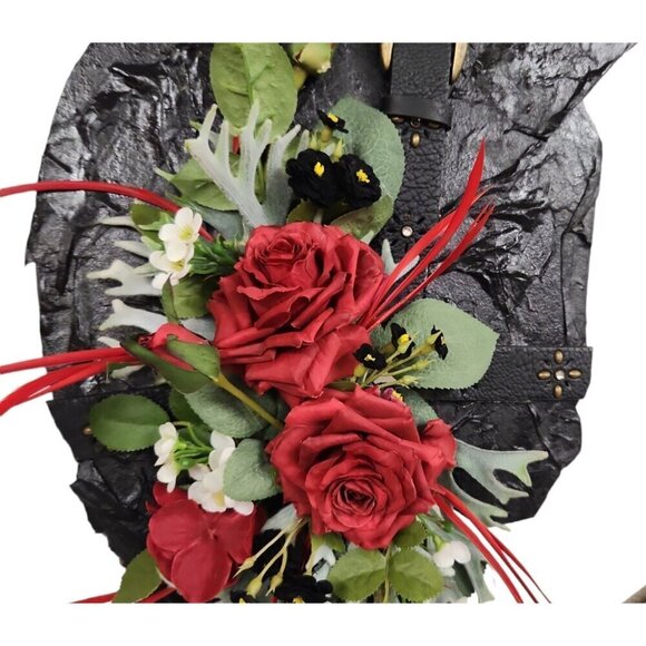 Artificial Floral Wreath With Red Roses & Greenery On Black Textured Base & Rope - Picture 6 of 14